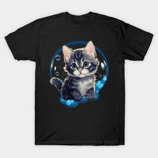 Blue Cat in Bubble: Adorable Kitten Sticker-Style Tee T-Shirt